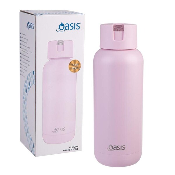 Oasis Ceramic Lined Stainless Steel Insulated Moda Drink Bottle 1L Pink Lemonade