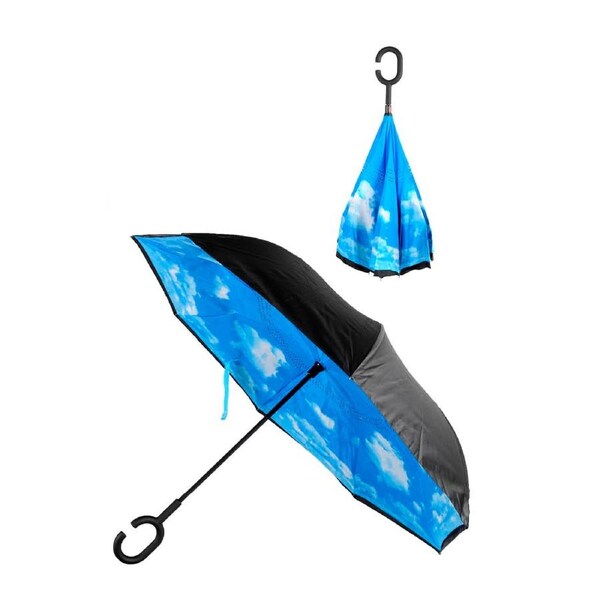 Reverse Umbrella Windproof Double Layer C-Handle Inverted Folding in Cloud Print