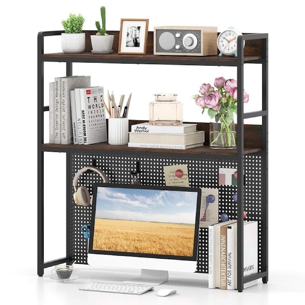 Costway Desktop Bookshelf w/Pegboard & Adjustable Feet Open Compartment Storage Organiser Office Brown