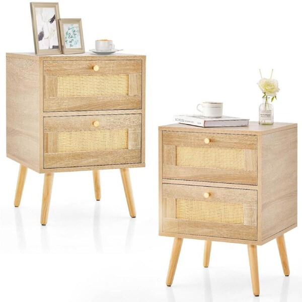 Costway Rattan Nightstand Set of 2 Boho Bedside Table w/Storage Drawers Mid-century Modern Wood Legs End Table