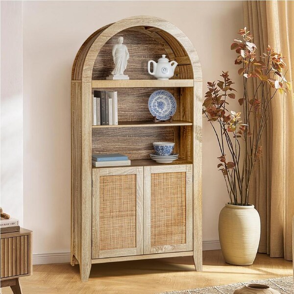1.6M Arched Bookcase 5-Tier Display Shelf Storage Cabinet Bookshelf with 2 Doors, Natural