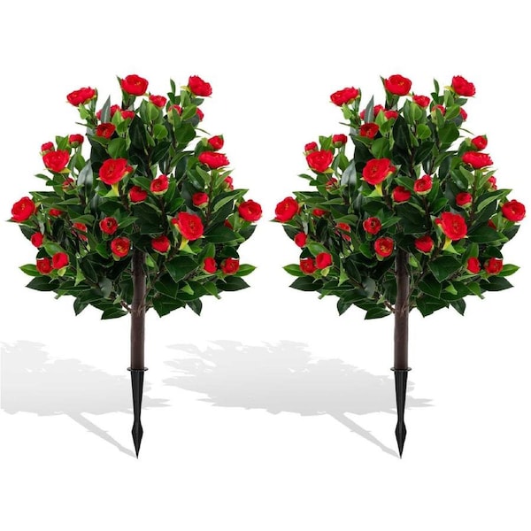 Giantex 78cm 2 Pack Artificial Camellia Tree Set Fake Flower Trees w/Ground Spikes Floral Blooming Bushes