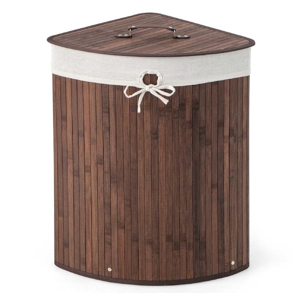 Giantex 58L Bamboo Laundry Hamper Corner Clothes Basket w/Lid Foldable Dirty Laundry Organizer Brown