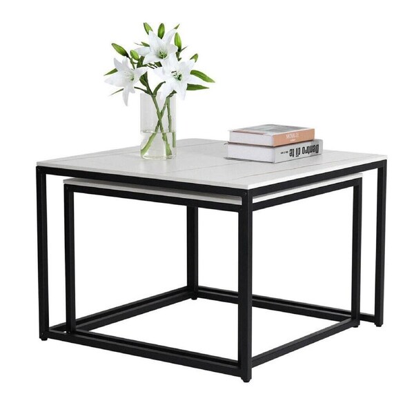 Set of 2 Nesting Coffee Table with Marble Top- white