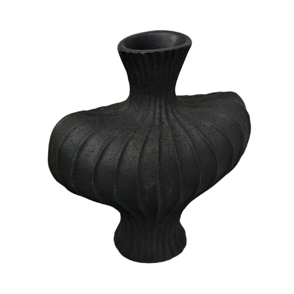 P&P Black Nordic Resin Flower Vase with Textured Design, Boho Wabi-Sabi Artistic Decor