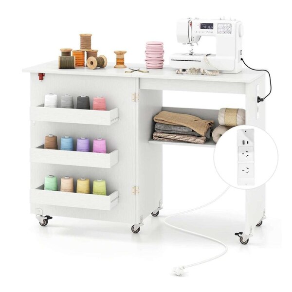 Costway Folding Sewing Table w/Power Outlet Mobile Sewing Machine Craft Station Desk Storage Cabinet White