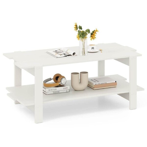 Costway 2-tier Rectangular Coffee Table Modern Cocktail Table Slatted Wood Center Table w/Storage Shelf White