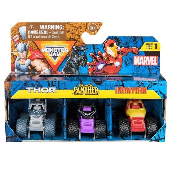 Monster Jam Marvel 1:87 Mini Trucks 3 Pack - Thor, Black Panther, Iron Man