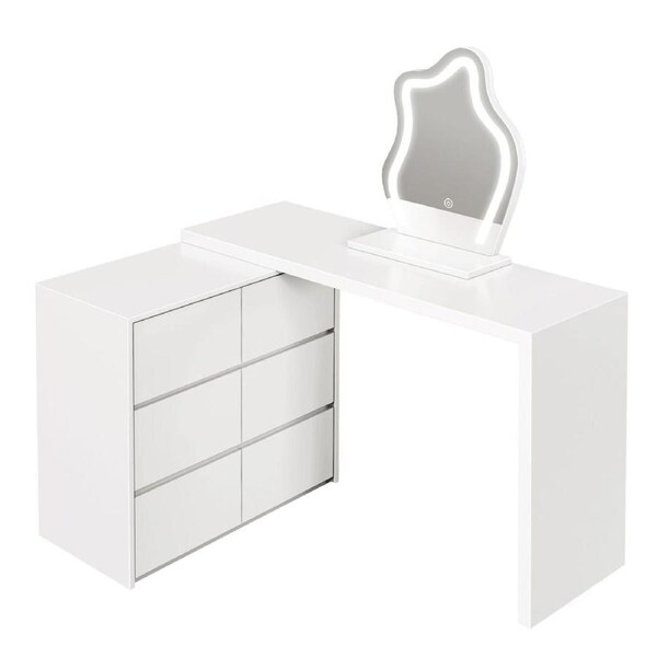 Vanity Dressing Table Dresser LED Lighted Makeup Mirror 3 Colour Lights 6 Drawer Chest Computer Writing Desk Adjustable Modern White Bedroom Furniture