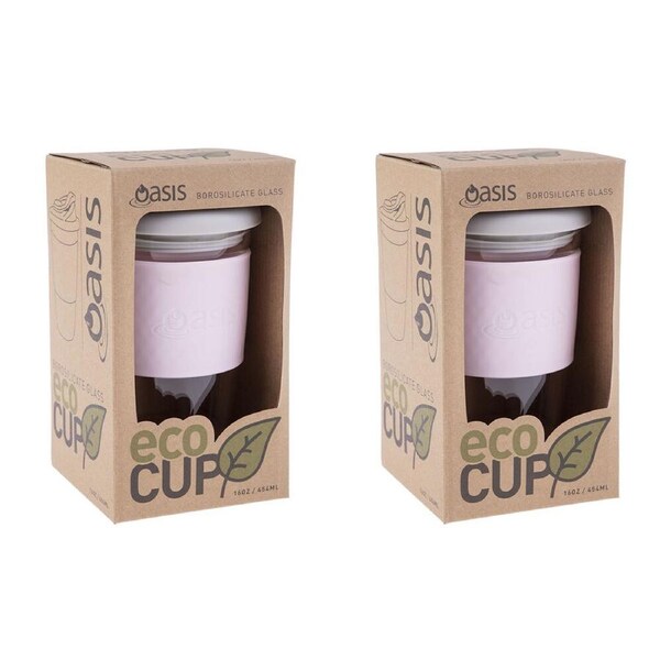 2PK Oasis Reusable Non-Slip Silicone Borosilicate Glass Eco Cup 16oz 454ml Pink