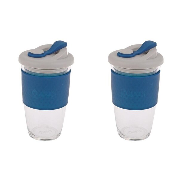2PK Oasis Reusable Non-Slip Silicone Borosilicate Glass Eco Cup 16oz 454ml Navy