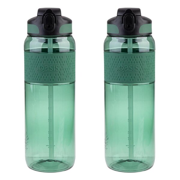 2PK Oasis Tritan Sports Water Drinking Bottle w/ Sipper Straw 1L Forest Green