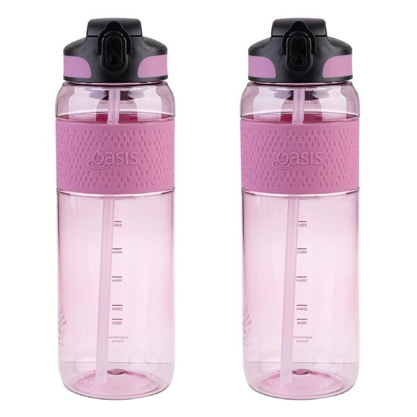 2PK Oasis Tritan Sports Water Drinking Bottle w/ Sipper Straw 1L Pink Berry