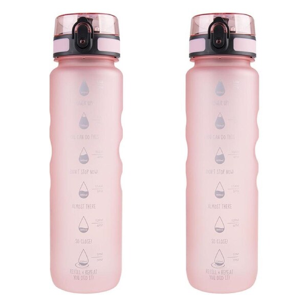 2PK Oasis Tritan Motivational Ergonomic Sports Drinking Bottle 1L Glow Pink