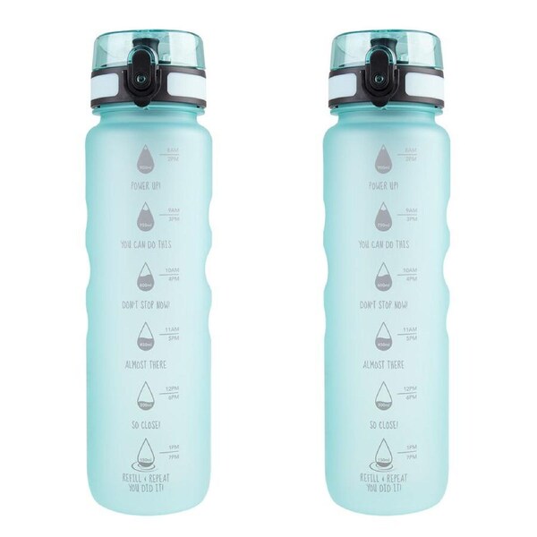 2PK Oasis Tritan Motivational Ergonomic Sports Drinking Bottle 1L Aqua Marine