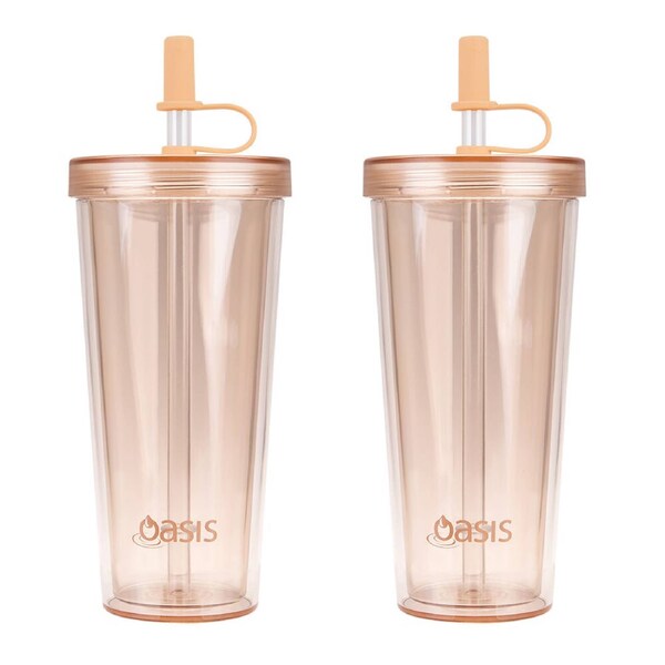2PK Oasis Reusable Tall Smoothie Tumbler w/ Straw Double Walled 520ml Peach