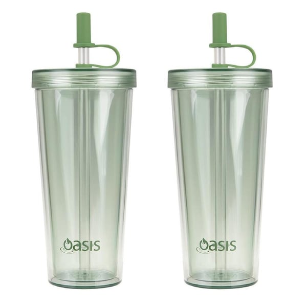 2PK Oasis Reusable Smoothie Tumbler w/ Straw Double Walled 520ml Green Apple