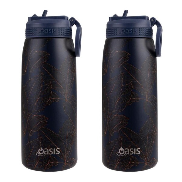 2PK Oasis Stainless Steel Insulated Sports Bottle w/ Sipper 780ml Navy Leaves