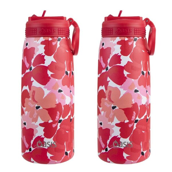 2PK Oasis Stainless Steel Insulated Sports Bottle w/ Sipper 780ml Red Poppies