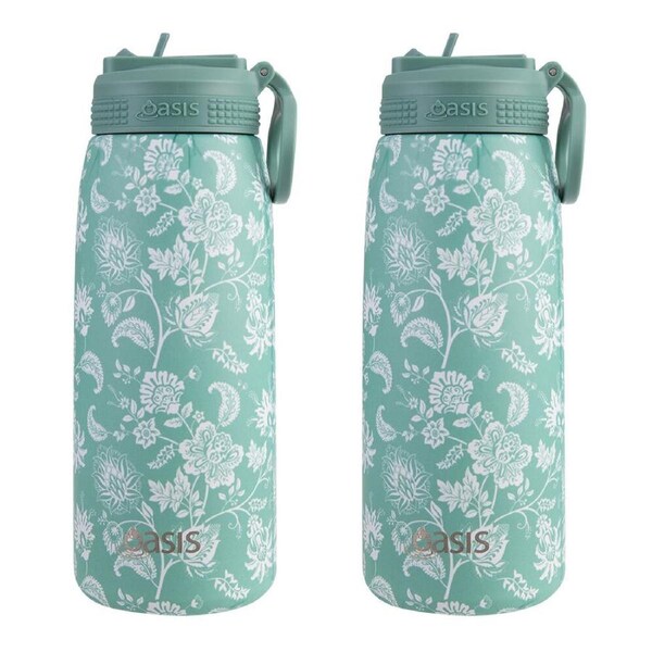 2PK Oasis Stainless Steel Insulated Sports Bottle w/ Sipper 780ml Green Paisley