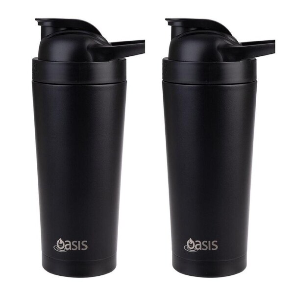2PK Oasis Stainless Steel Insulated Protein Shaker Double Walled 700ml Black