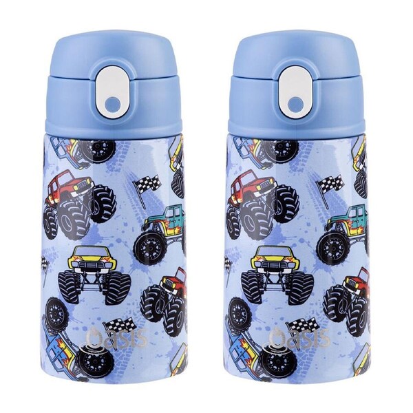 2PK Oasis Stainless Steel Kids Drink Bottle w/ Straw 400ml Monster Trucks
