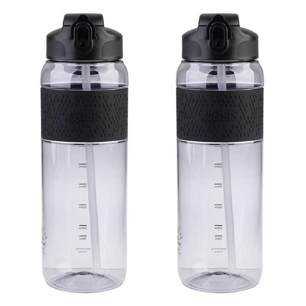 2PK Oasis Tritan Sports Water Drinking Bottle w/ Sipper Straw 1L Carbon Black