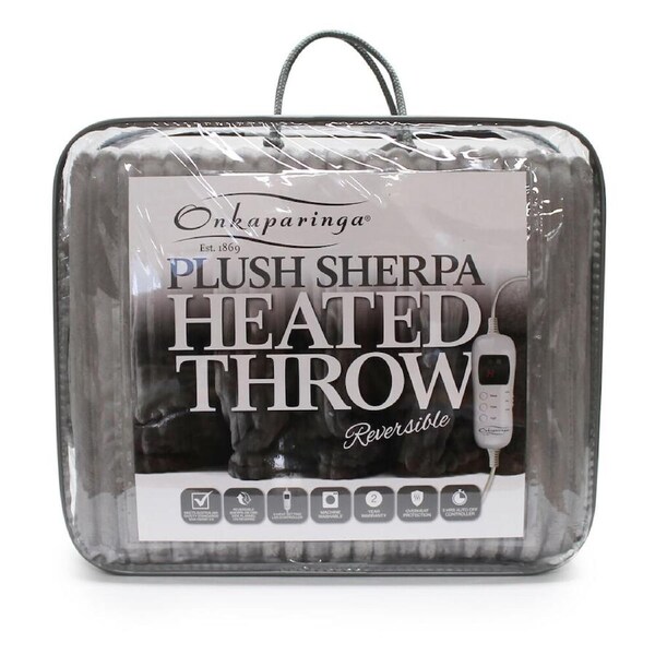Onkaparinga Sherpa Plush Heated Throw/Electric Blanket w/LED Heat Control Grey