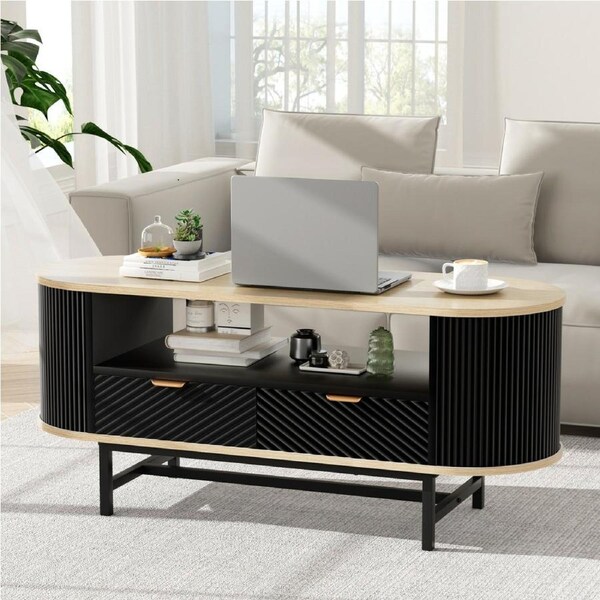 110CM Artiss Coffee Table Storage Side Table Bedside Oval Wood&Black