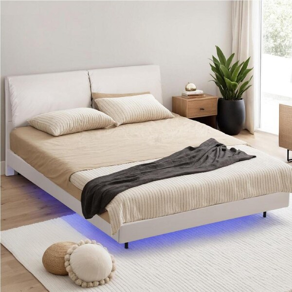Artiss Double Bed Frame RGB LED Floating Beds Adjustable Headboard Beige White