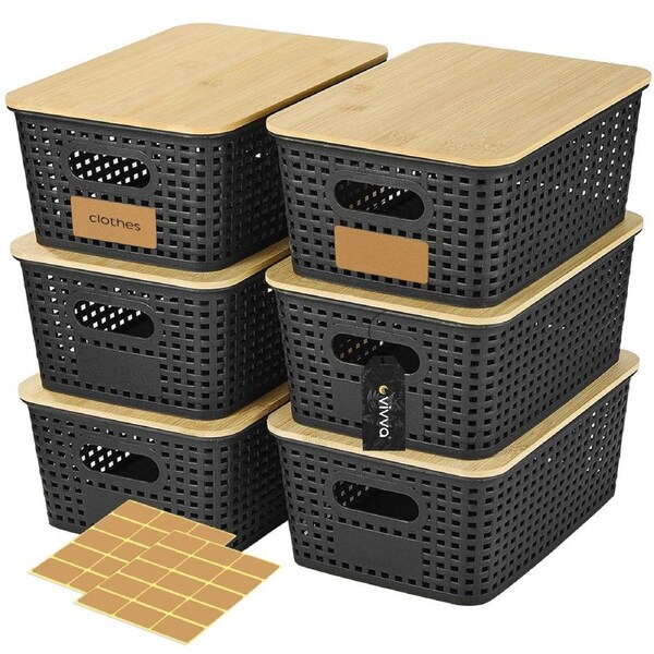 Vivva 6Pack Storage Basket Cabinet Bin Shelves Drawer Closet Organizer Container Bamboo Lid Black