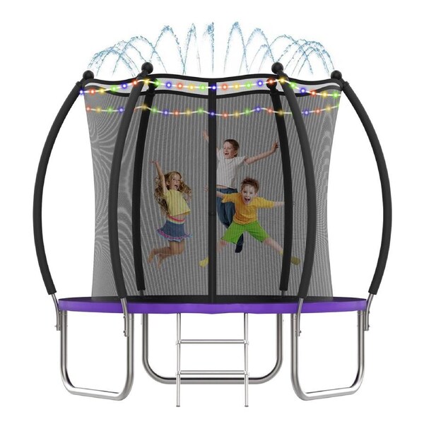 Advwin 8FT Outdoor Trampoline for Kids w/Ladder, Sprinkler & LED Lights, Max Limit 200 kg