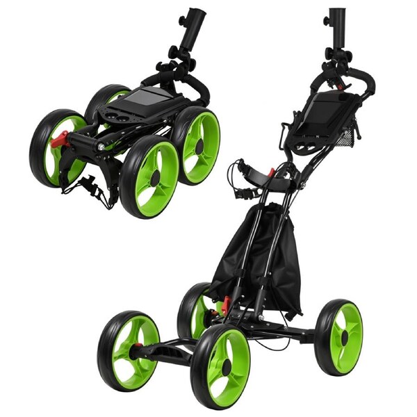 Advwin Golf Push Cart Quick Foldable 4 Wheels Golf Trolley w/Storage Bag, Umbrella/Cup/Phone Holder