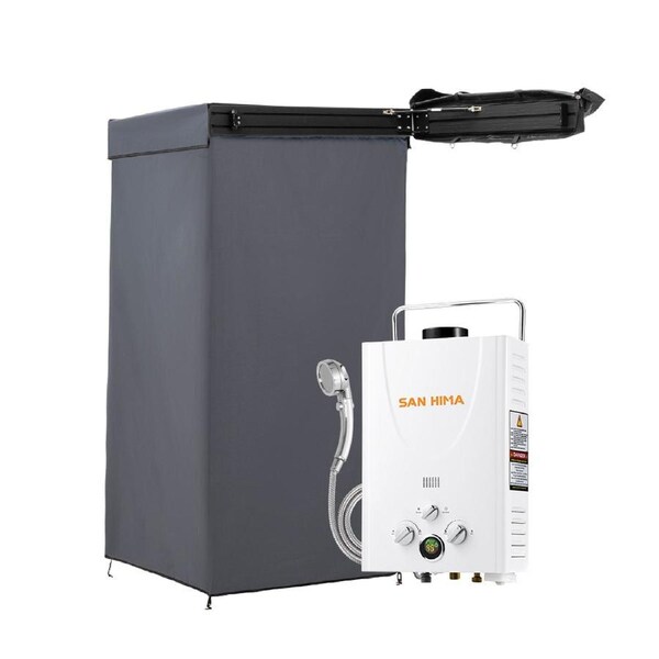 San Hima Shower Awning Tent Instant Fold-Out Ensuite + 8L Gas Hot Water Heater