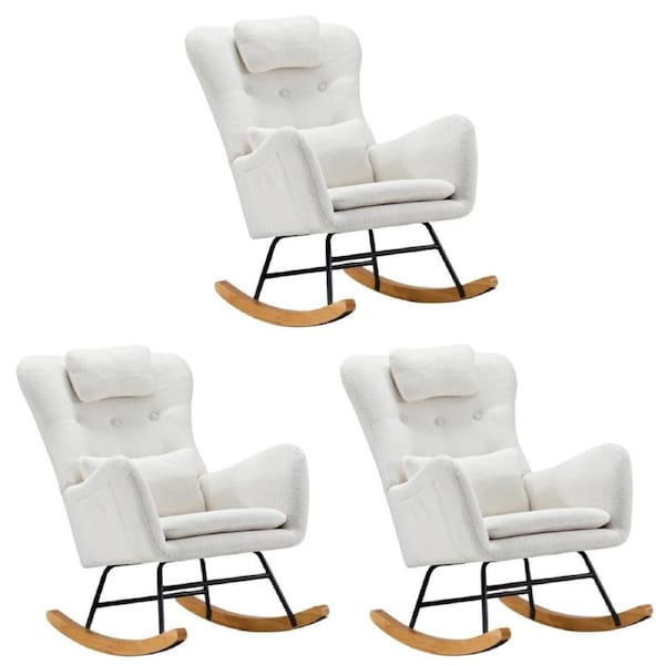 Oikiture 3x Rocking Chair Nursing Armchair Sherpa Chairs With 2 Pillow White