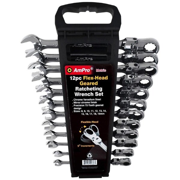 Ampro 12PC Flex-Head Geared Ratcheting Wrench Set (8 -19mm) T42387