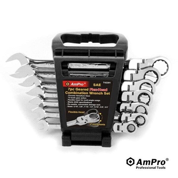 Ampro 7PC Flex-Head Geared Ratcheting Wrench Set (5/16"-3/4") T42391