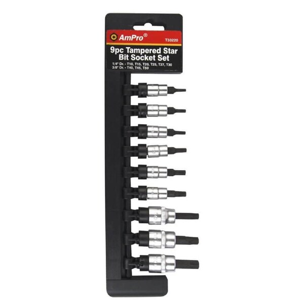 Ampro 1/4" 3/8" Drive Tamper-Proof Star Bit Socket Set 9 Piece T33220