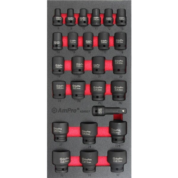 Ampro 1/2" Drive Metric Impact Socket Set 26 Piece AS6607