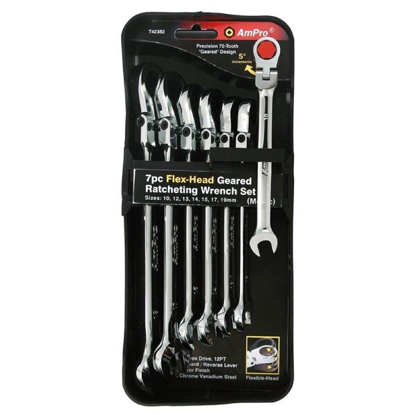 Ampro 7PC Flex-Head Geared Ratcheting Wrench Set (10-19mm) T42382