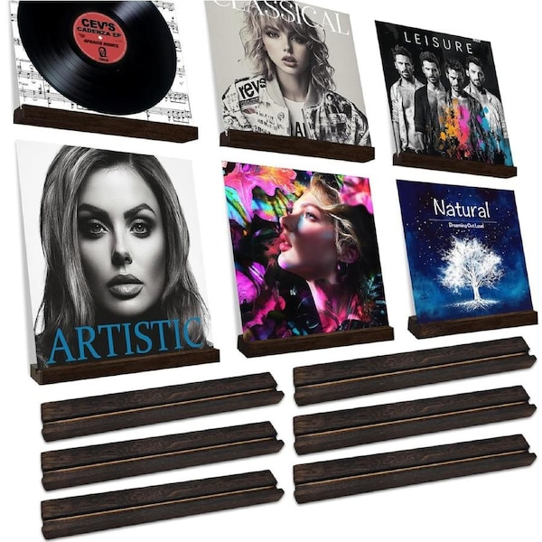 DelSol Vinyl Wall Mount Pack of 6 Wood Vinyl Record Holder Wall Mount with 2 Mounting Options