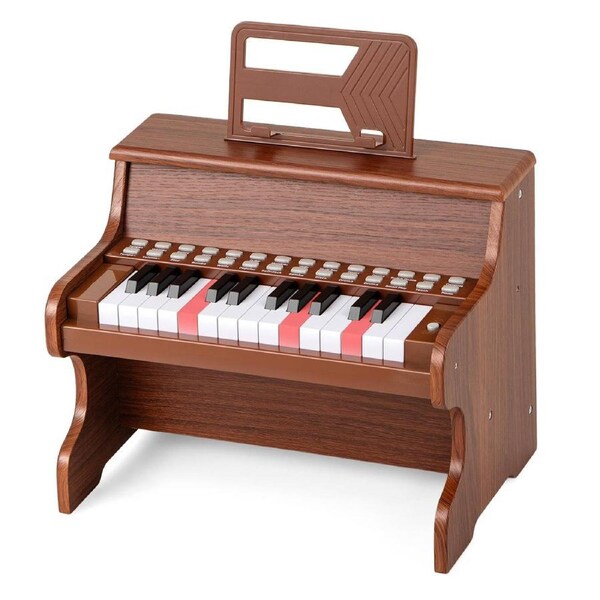 Babyjoy 25 Keys Kids Piano Keyboard w/Music Stand & Teaching Mode Mini Digital Piano Toy Educational Music Instrument Brown
