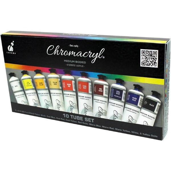 10pc Chromacryl Student Water-Based Acrylic Painting Tubes Box Set 75ml