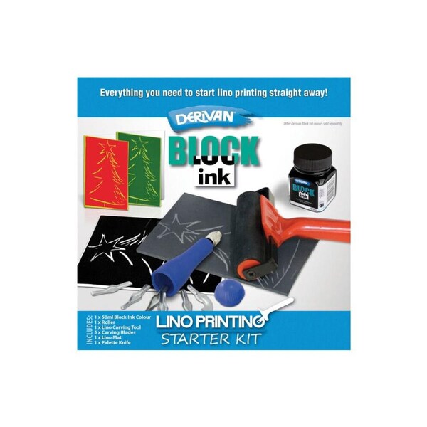 Derivan Lino Beginners Block Printing Starter Art Kit Set Black Ink