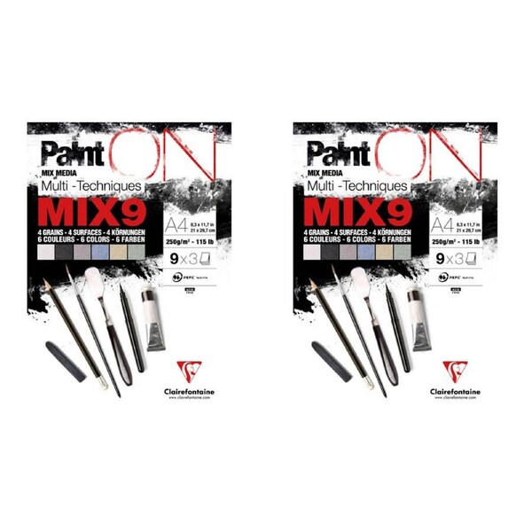 2PK Clairefontaine Paint'On Mix9 Paper Art Pad 27 Sheets 250gsm A4 Assorted