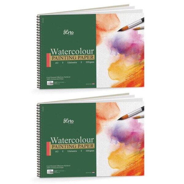 2PK Arto 100% Cotton Watercolour Spiral Cold Press Pad 12 Sheets 300gsm A3