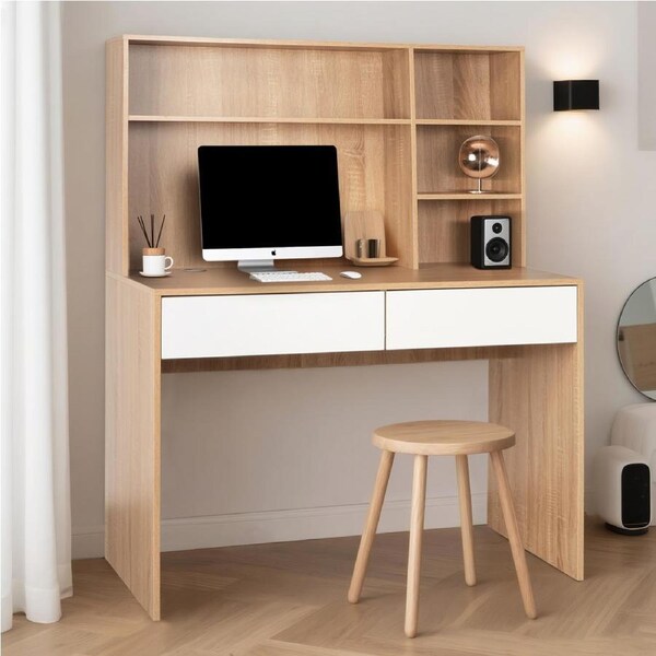 Wooden Computer Table Desk with Hutch Laptop Study Desk Storage Shelf Cabinet
