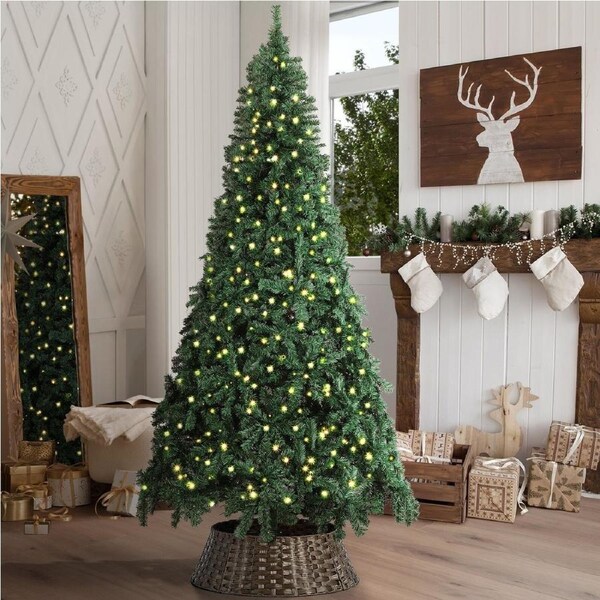 Tinseltown LED Christmas Tree 2.1M 7FT with Rattan Tree Skirt Warm Light Green