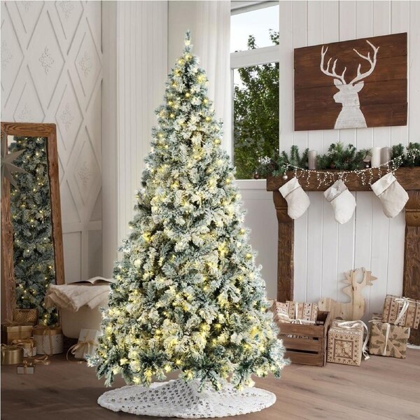Tinseltown LED Christmas Tree 1.8M 6FT with Tree Skirt Light Snow-sprayed Green