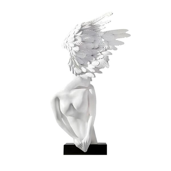 SOGA 86cm Modern White Winged Figure Sculpture with Artificial Marble Base for Home Decor